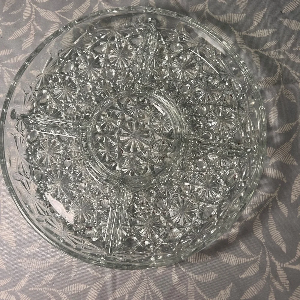 Vintage Glass Divided Relish Tray with Silver Tone Metal Caddy Starburst Pattern